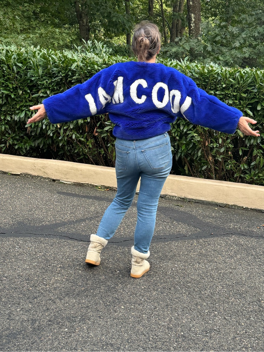 RARE AUTHENTIC GLOX Blue Wool Faux Fur “ I AM COOL“Statement Jacket IT42(US M/S)